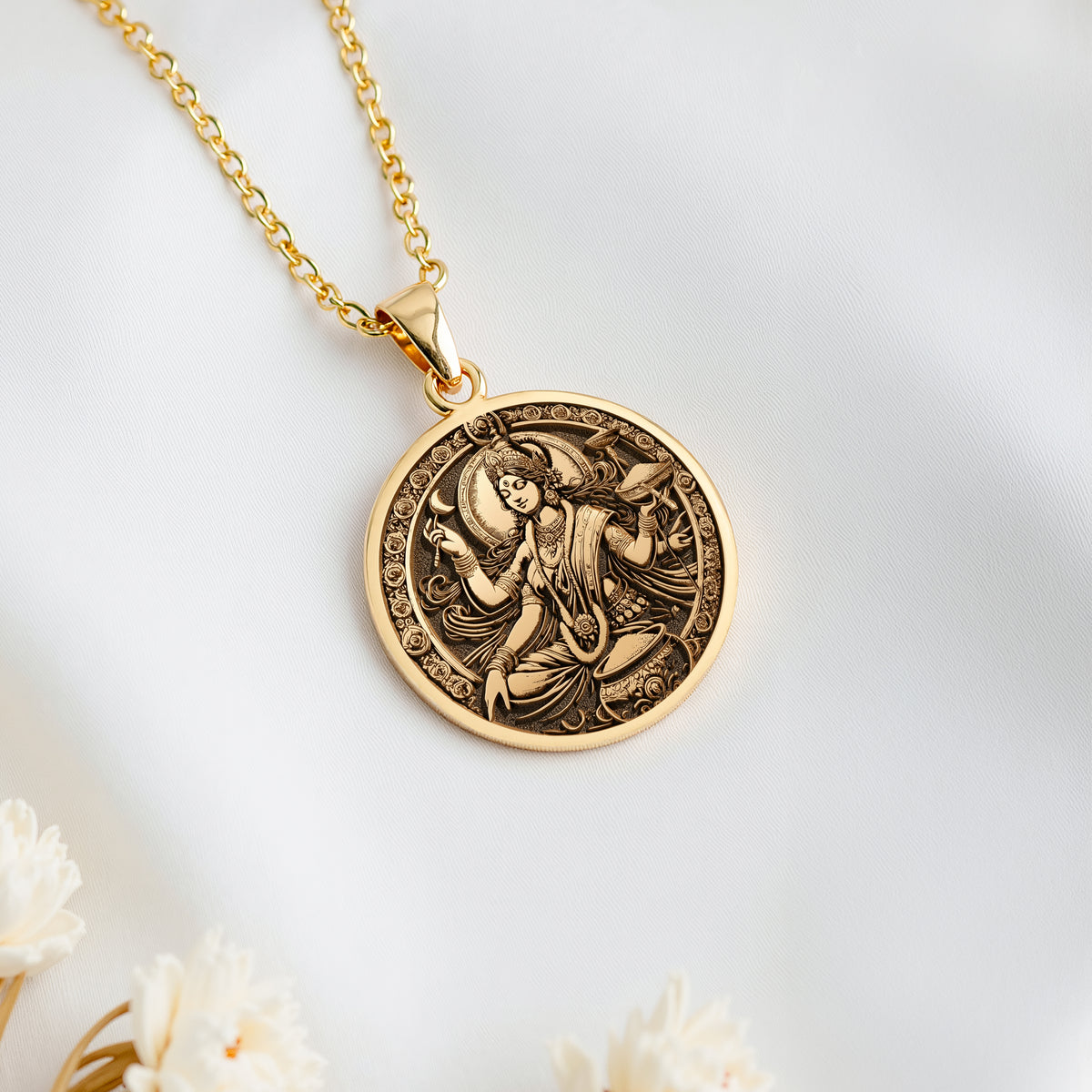 14K solid gold Devi Annapurna Goddess Pendant Necklace: round  of Devi Annapurna goddes...
