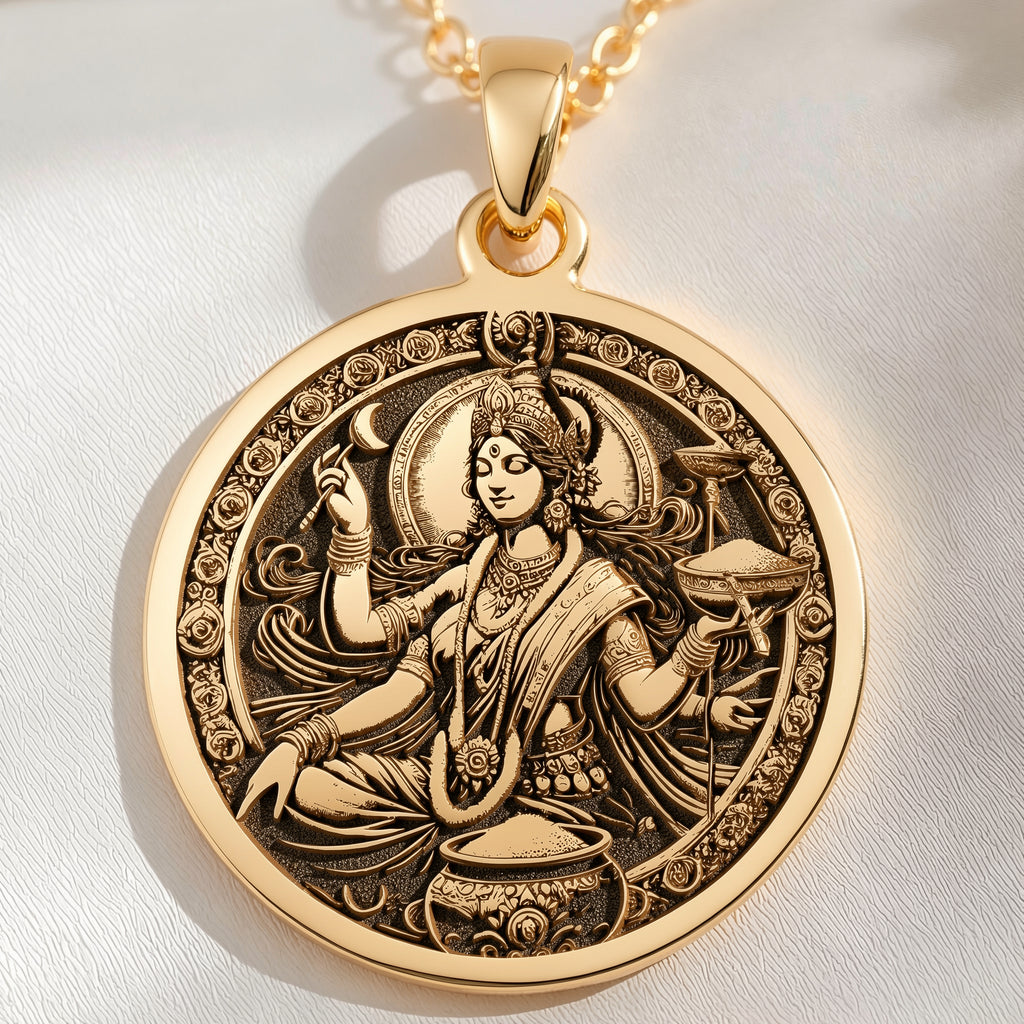 14K solid gold Devi Annapurna Goddess Pendant Necklace: round  of Devi Annapurna Hindu ...