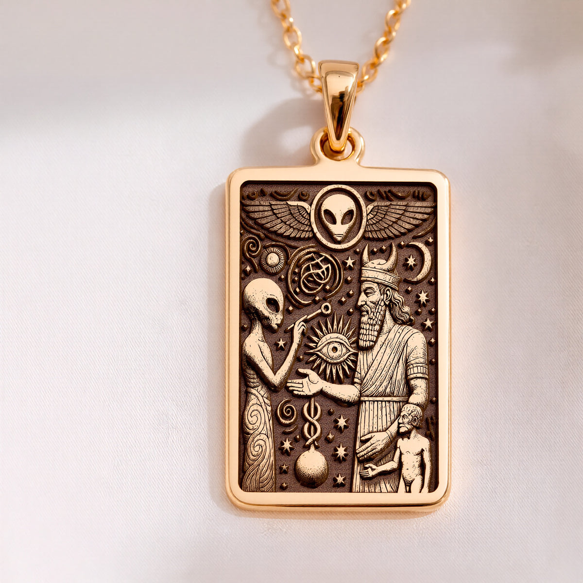 Anunnaki Alien Necklace in 14K Solid Gold 14mm — front view — Shop Luminous Luxury Crafts