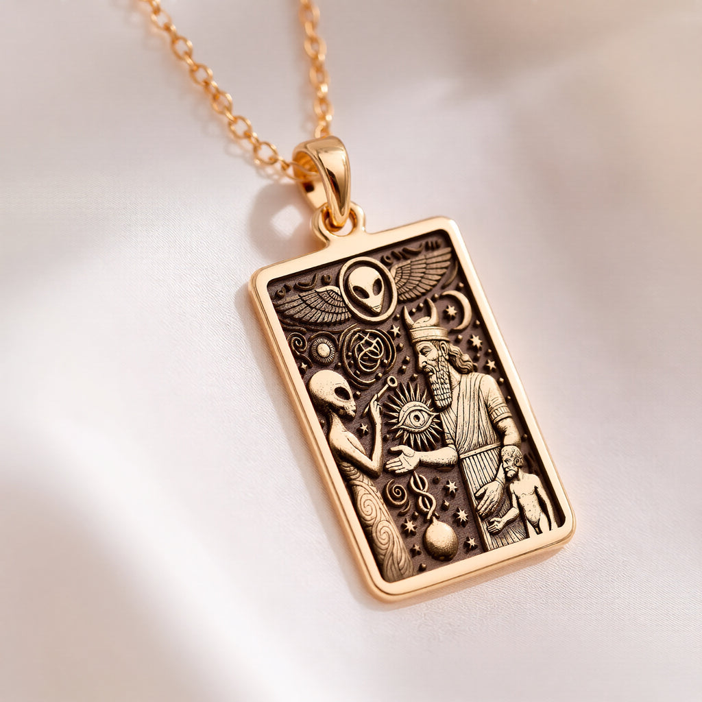 Anunnaki Alien Necklace in 14K Solid Gold 14mm — detail view — Shop Luminous Luxury Crafts
