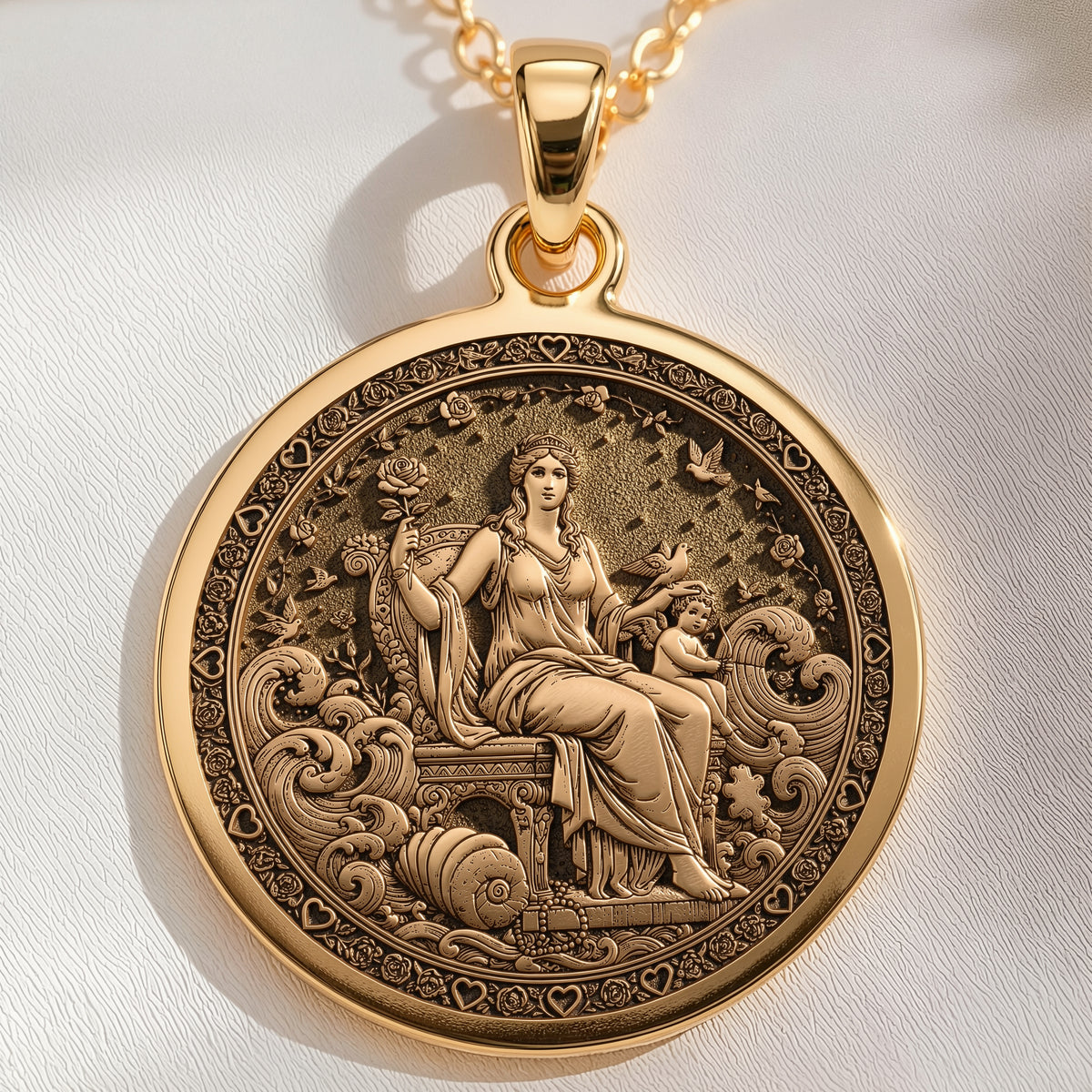 Aphrodite Greek Goddess Venus Pendant in 14K Solid Gold 14mm — front view — Shop Luminous Luxury Crafts
