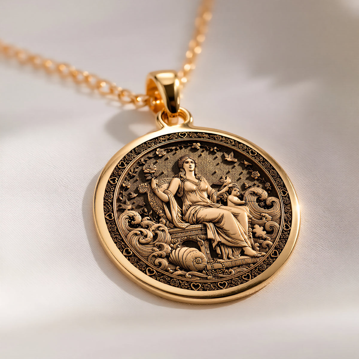 Aphrodite Greek Goddess Venus Pendant in 14K Solid Gold 14mm — detail view — Shop Luminous Luxury Crafts