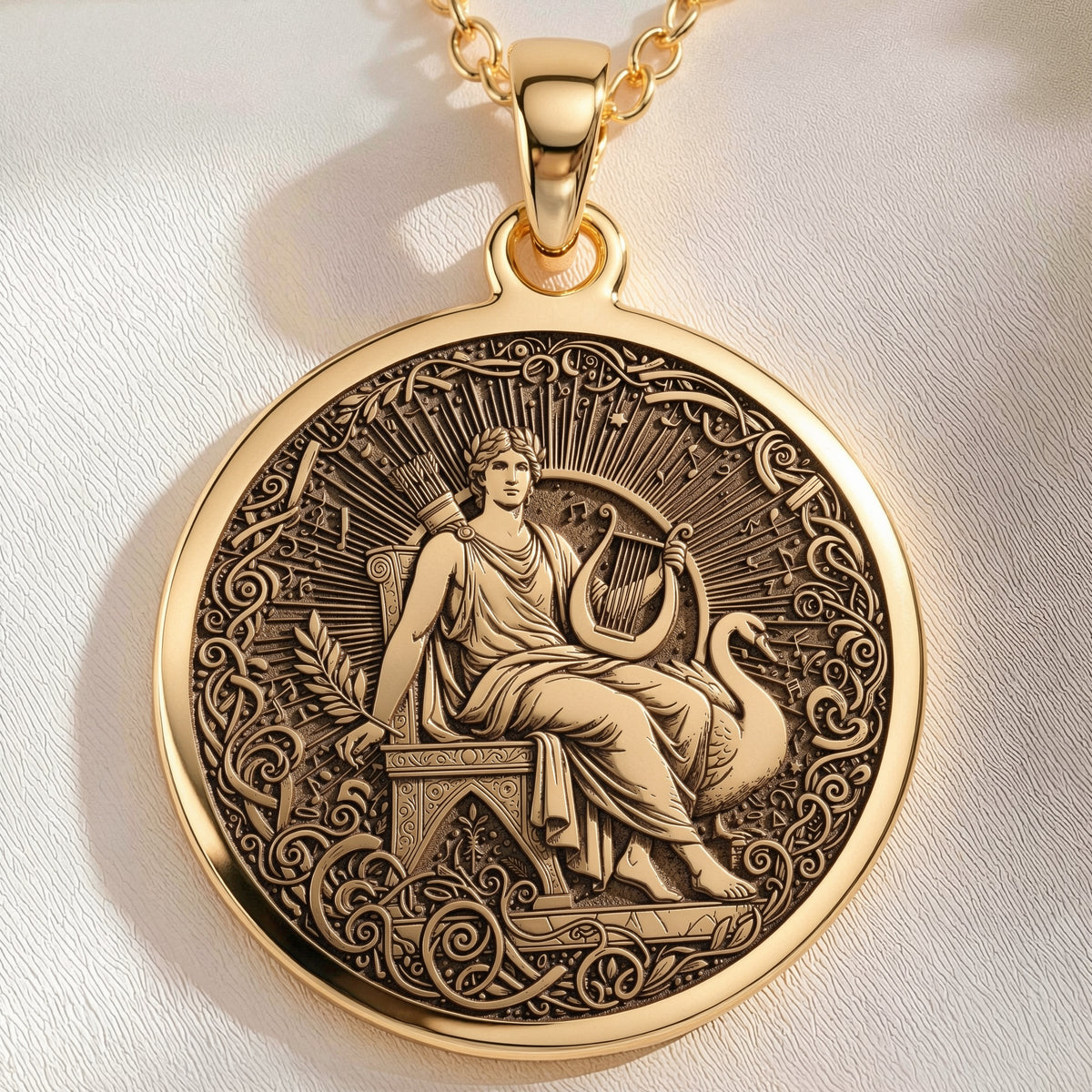 14K solid gold Apollo God of Music Medallion Pendant: round  of Apollo Greek god of mus...