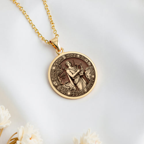 14K solid gold Apollo God of Sun Music Pendant: round  of Apollo Greek god of sun music...