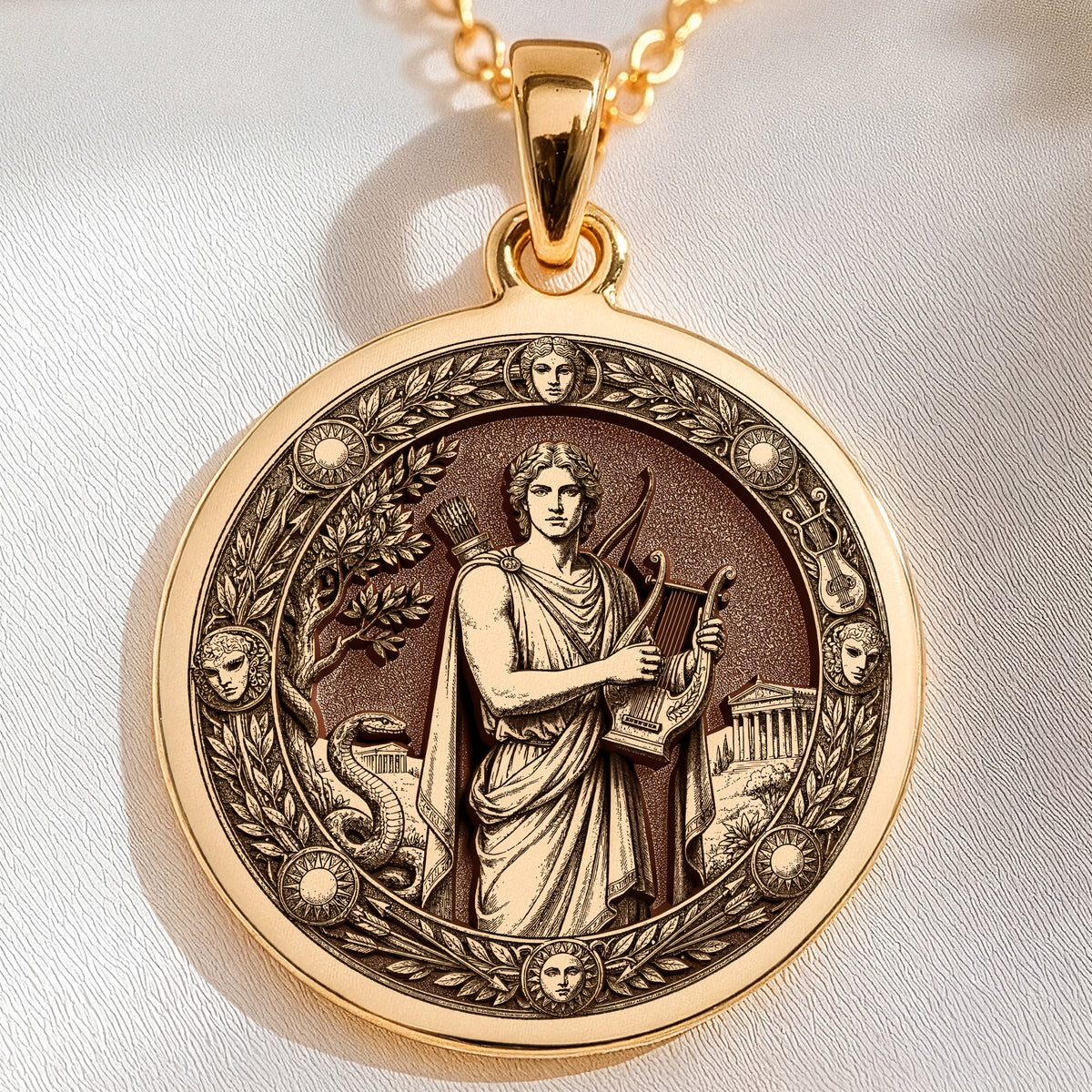 14K solid gold Apollo God of Sun Music Pendant: round  of Apollo Greek god of sun music...