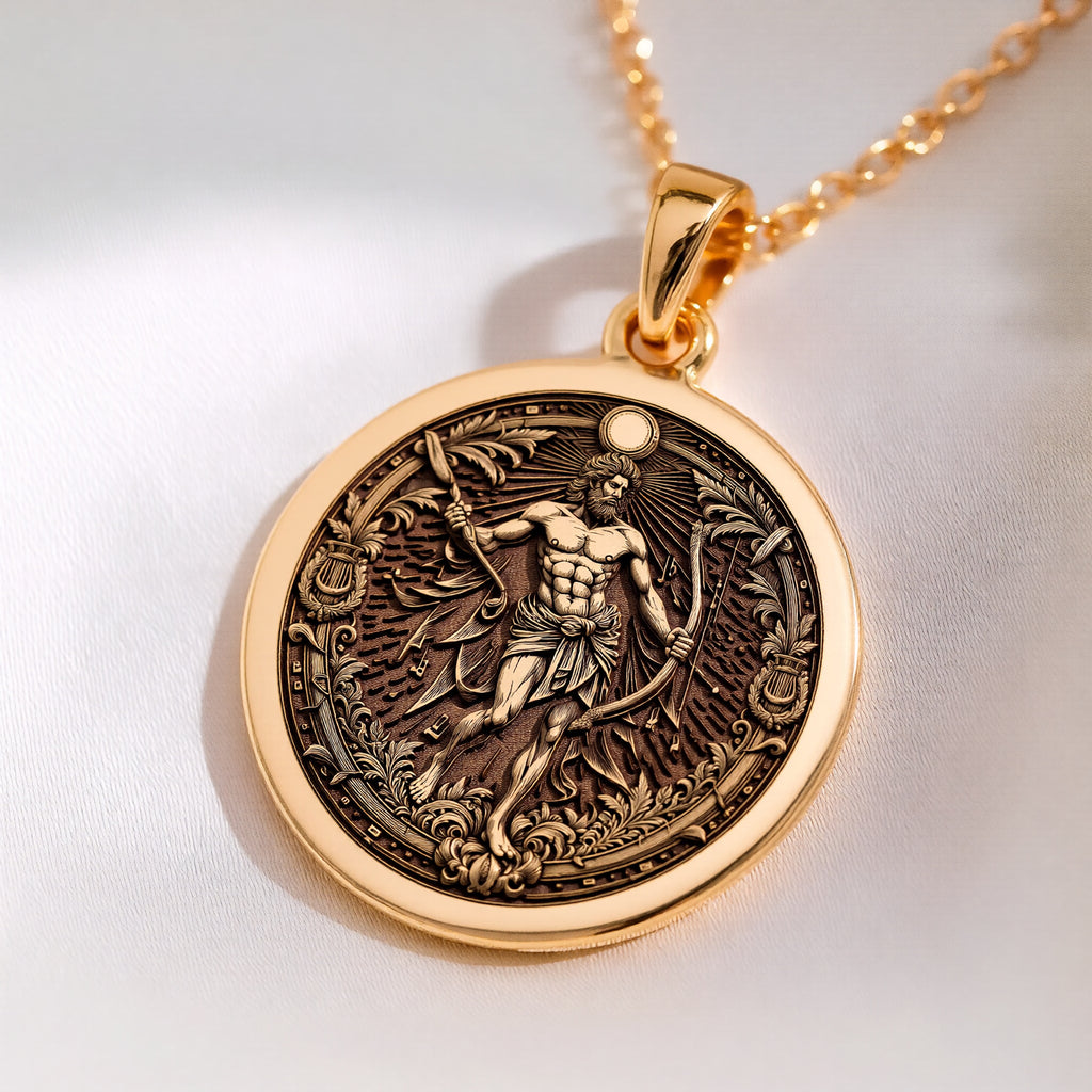 14K solid gold Apollo Music God Pendant: round  of Apollo Greek god of music and prophe...