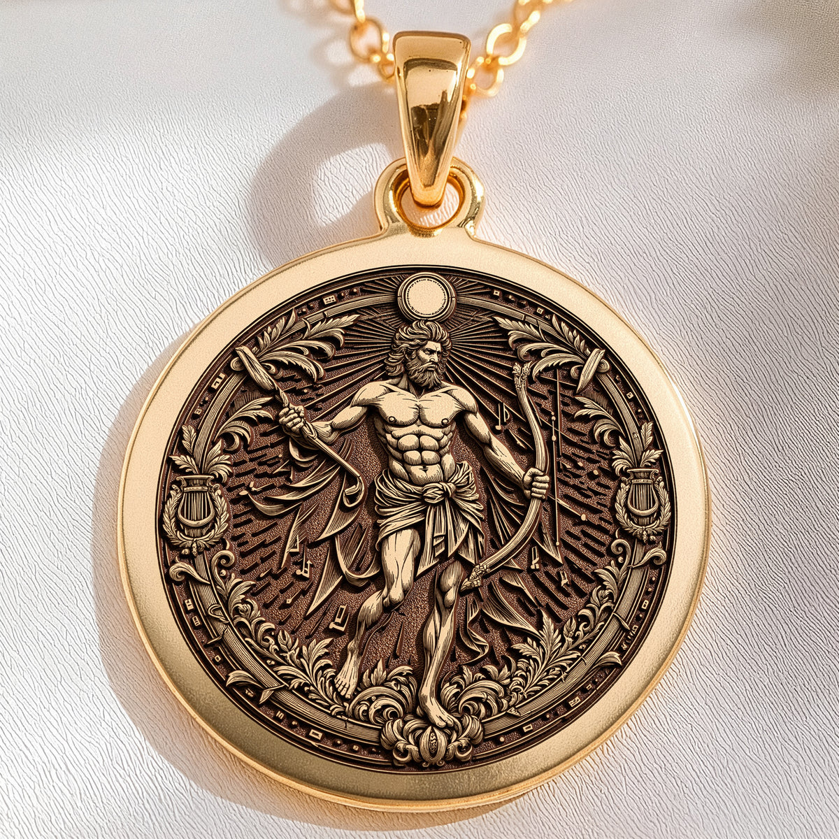 14K solid gold Apollo Music God Pendant: round  of Apollo Greek god of music with engra...