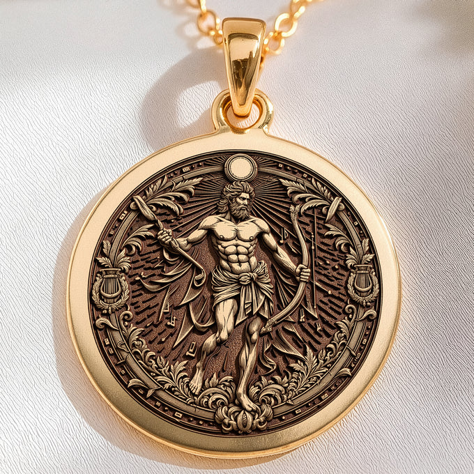 14K solid gold Apollo Music God Pendant: round  of Apollo Greek god of music with engra...