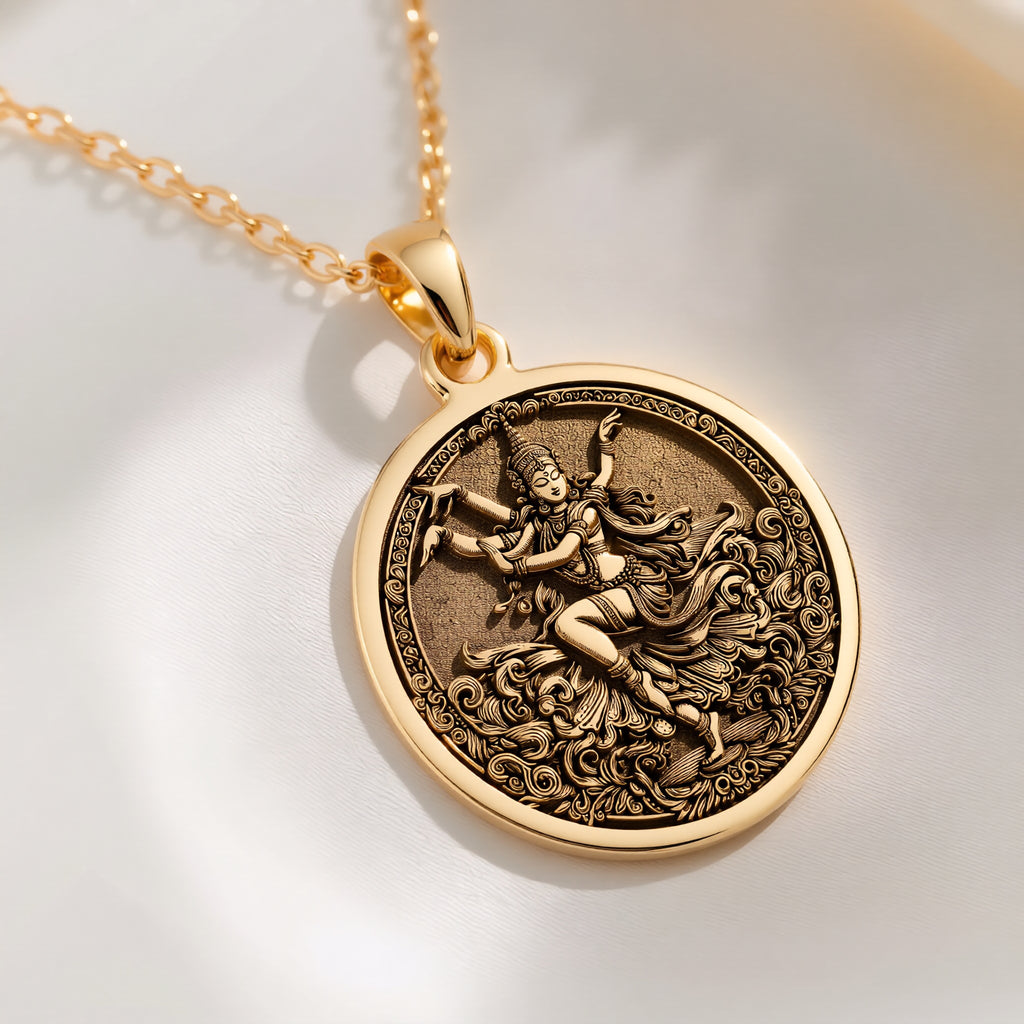 14K solid gold Apsara Dancer Celestial Pendant: round  of Apsara Hindu celestial dancer...