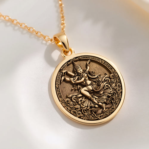 14K solid gold Apsara Dancer Celestial Pendant: round  of Apsara Hindu celestial dancer...