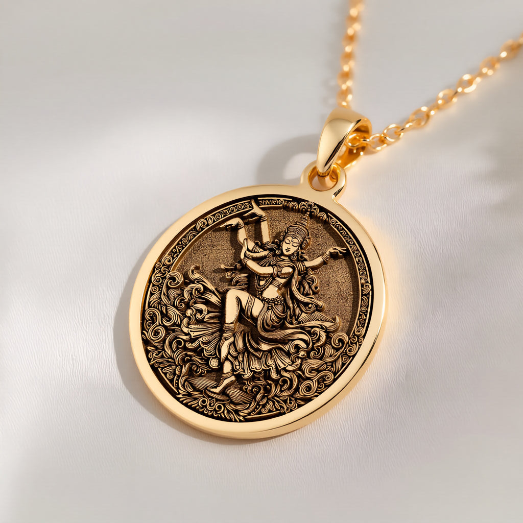 14K solid gold Apsara Dancer Celestial Pendant: round  of Apsara celestial dancer with ...