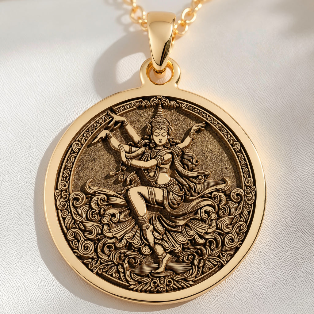 Apsara Dancer Celestial Nymph Pendant Pendants 14K 14K Gold Plated pendant necklace featuring an ornate mythological female figure design.
