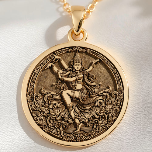 14K solid gold Apsara Dancer Celestial Pendant: round  of Apsara celestial dancer with ...