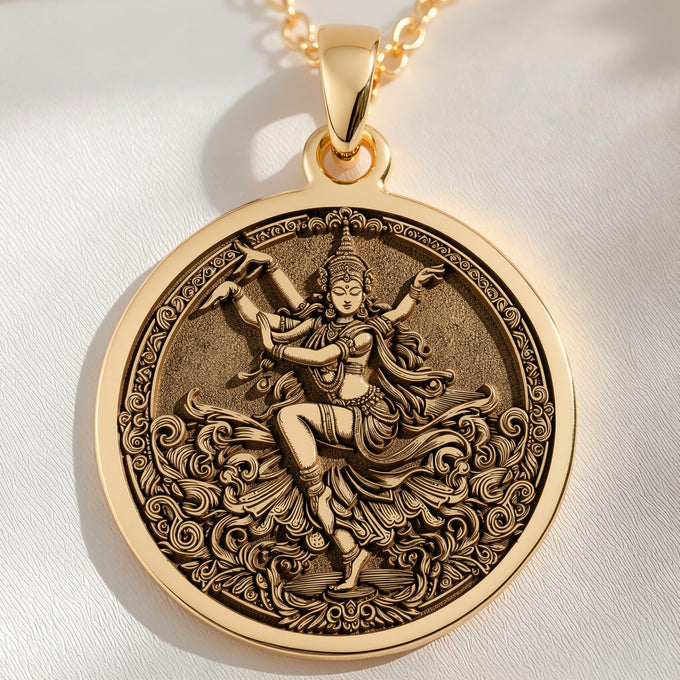 14K solid gold Apsara Dancer Celestial Pendant: round  of Apsara celestial dancer with ...