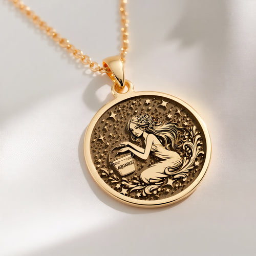 14K solid gold Aquarius Water Bearer Necklace: round  of Aquarius water bearer zodiac s...