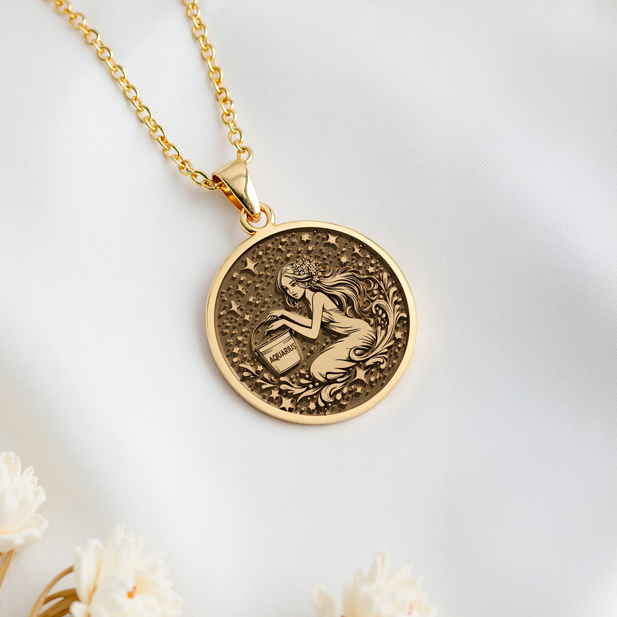 14K solid gold Aquarius Water Bearer Necklace: round  of Aquarius water bearer zodiac s...
