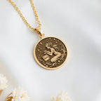 14K solid gold Aquarius Water Bearer Necklace: round  of Aquarius water bearer zodiac s...