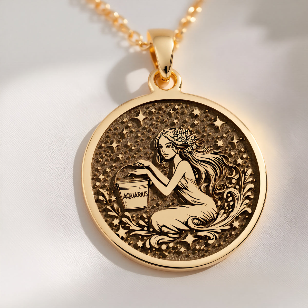 14K solid gold Aquarius Water Bearer Necklace: round  of Aquarius water bearer woman wi...