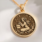 14K solid gold Aquarius Water Bearer Necklace: round  of Aquarius water bearer woman wi...