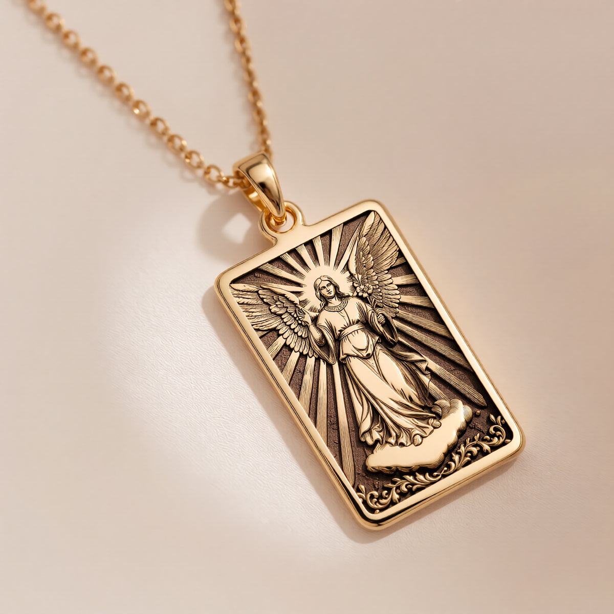 Archangel Gabriel Messenger Angel Pendant in 14K Solid Gold 14mm — detail view — Shop Luminous Luxury Crafts