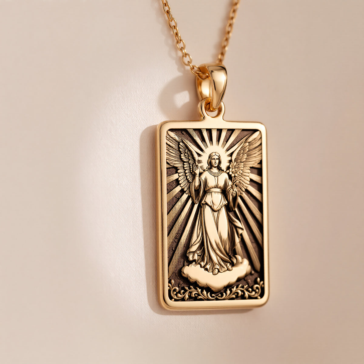 Archangel Gabriel Messenger Angel Pendant in 14K Solid Gold 14mm — side view — Shop Luminous Luxury Crafts