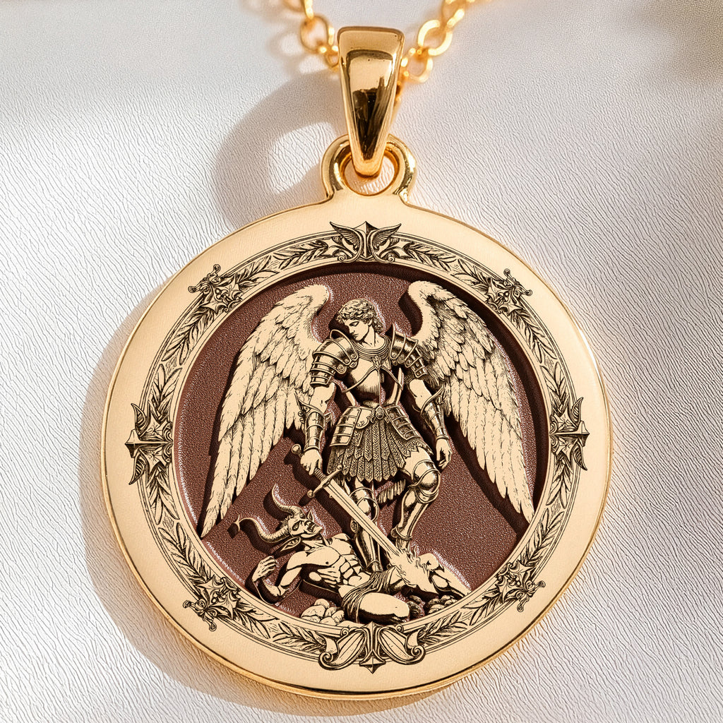 14K solid gold Archangel Michael Coin Pendant: round  of Archangel Michael defeating Sa...