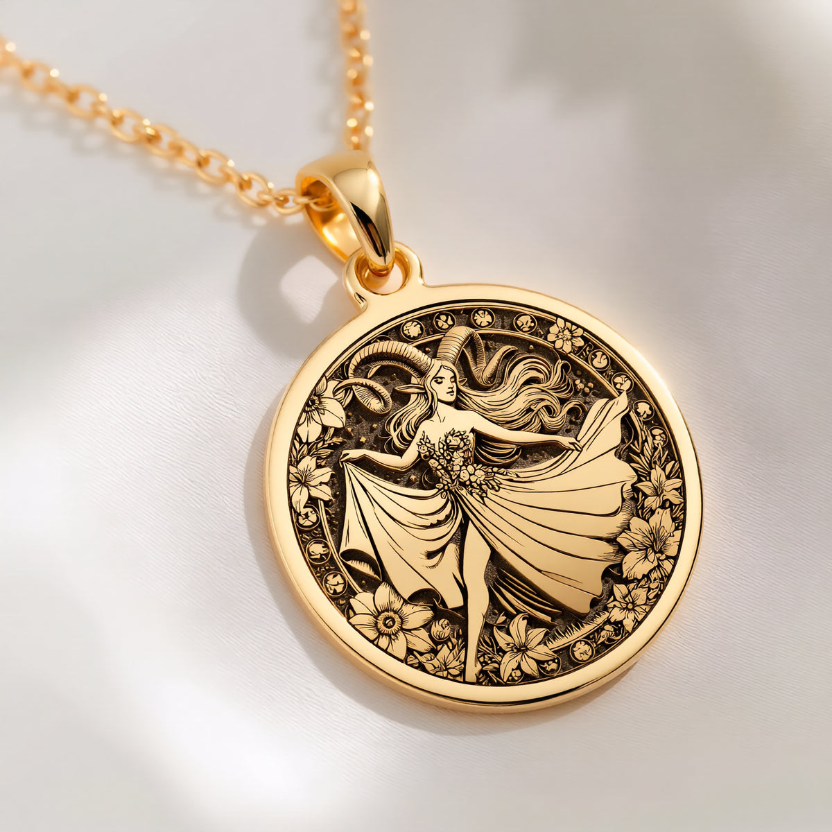 14K solid gold Aries Zodiac Astrological Sign Necklace: round  Aries zodiac sign with e...