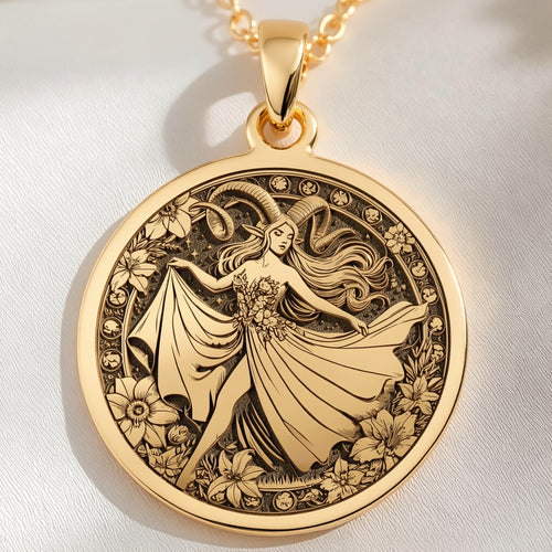 14K solid gold Aries Zodiac Astrological Sign Necklace: round  of Aries zodiac fire sig...