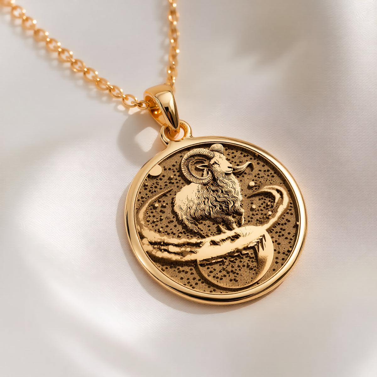 14K solid gold Aries Zodiac Necklace: round  Aries zodiac sign with engraved ram head c...