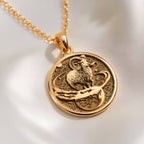 14K solid gold Aries Zodiac Necklace: round  Aries zodiac sign with engraved ram head c...