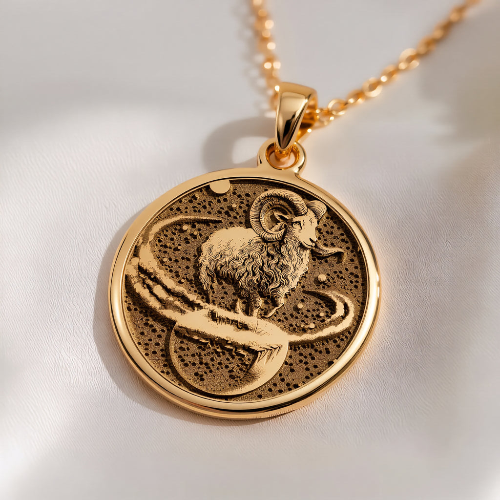 14K solid gold Aries Zodiac Necklace: round  of Aries zodiac sign with engraved ram hea...