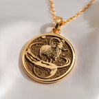 14K solid gold Aries Zodiac Necklace: round  of Aries zodiac sign with engraved ram hea...