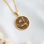 14K solid gold Aries Zodiac Necklace: round  of Aries zodiac sign with engraved ram hea...