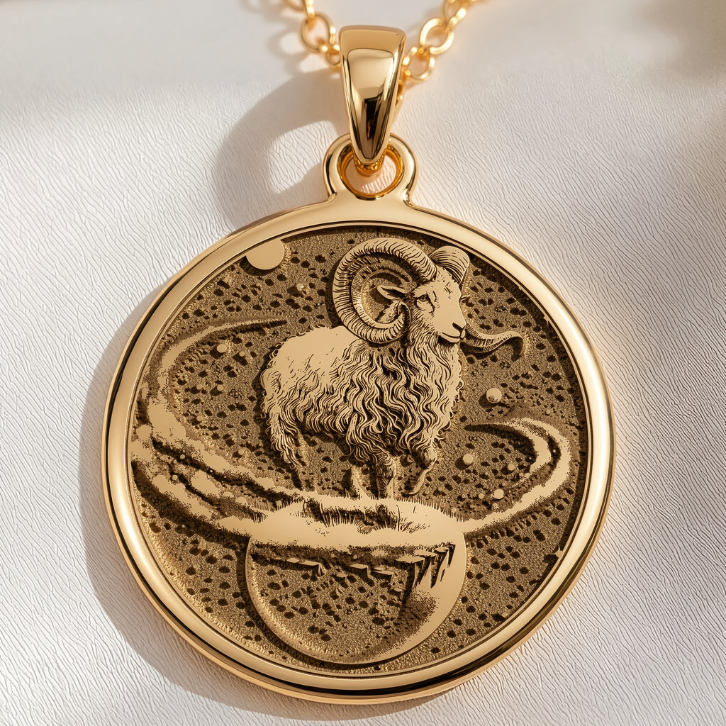 14K solid gold Aries Zodiac Necklace: round  Aries zodiac ram with engraved curved horn...