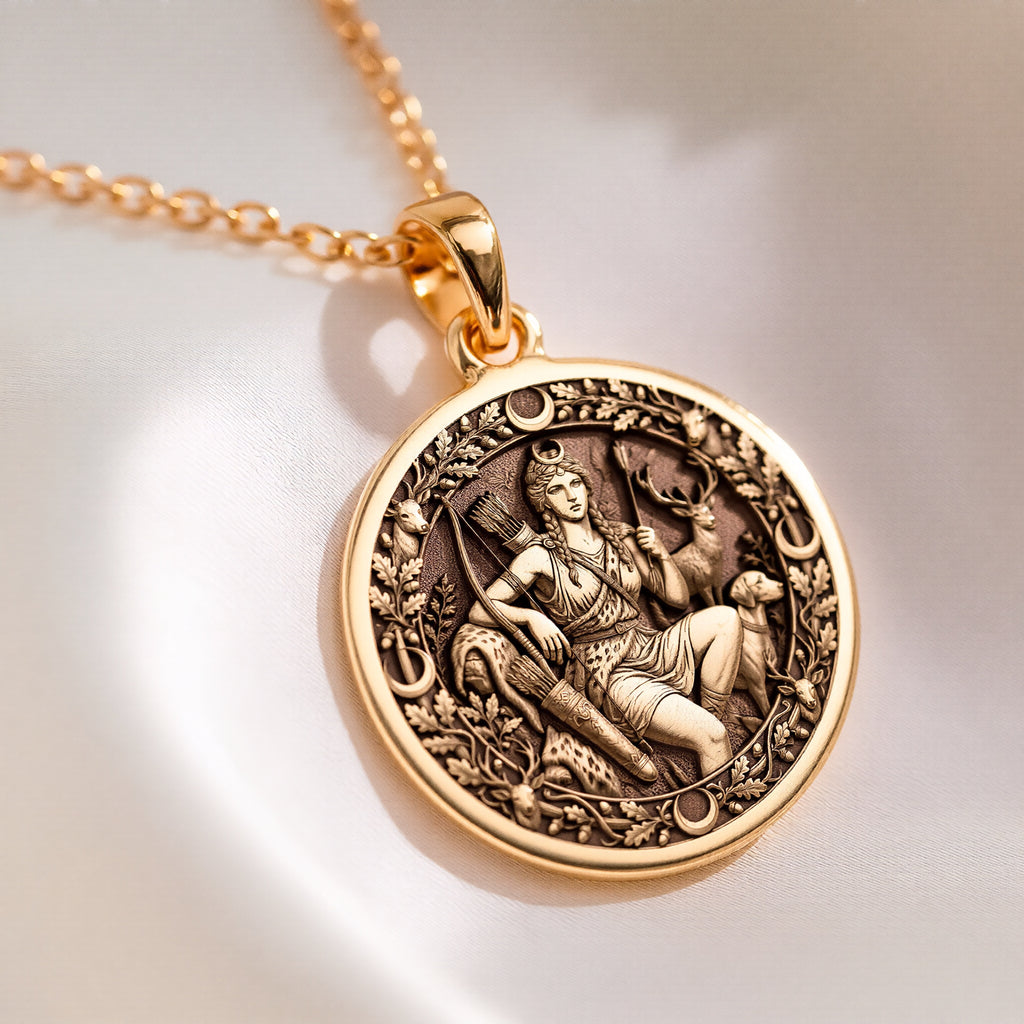 Goddess of the Hunt Artemis Pendant | 14K Solid Gold - Ancient Mythology Protection Talisman