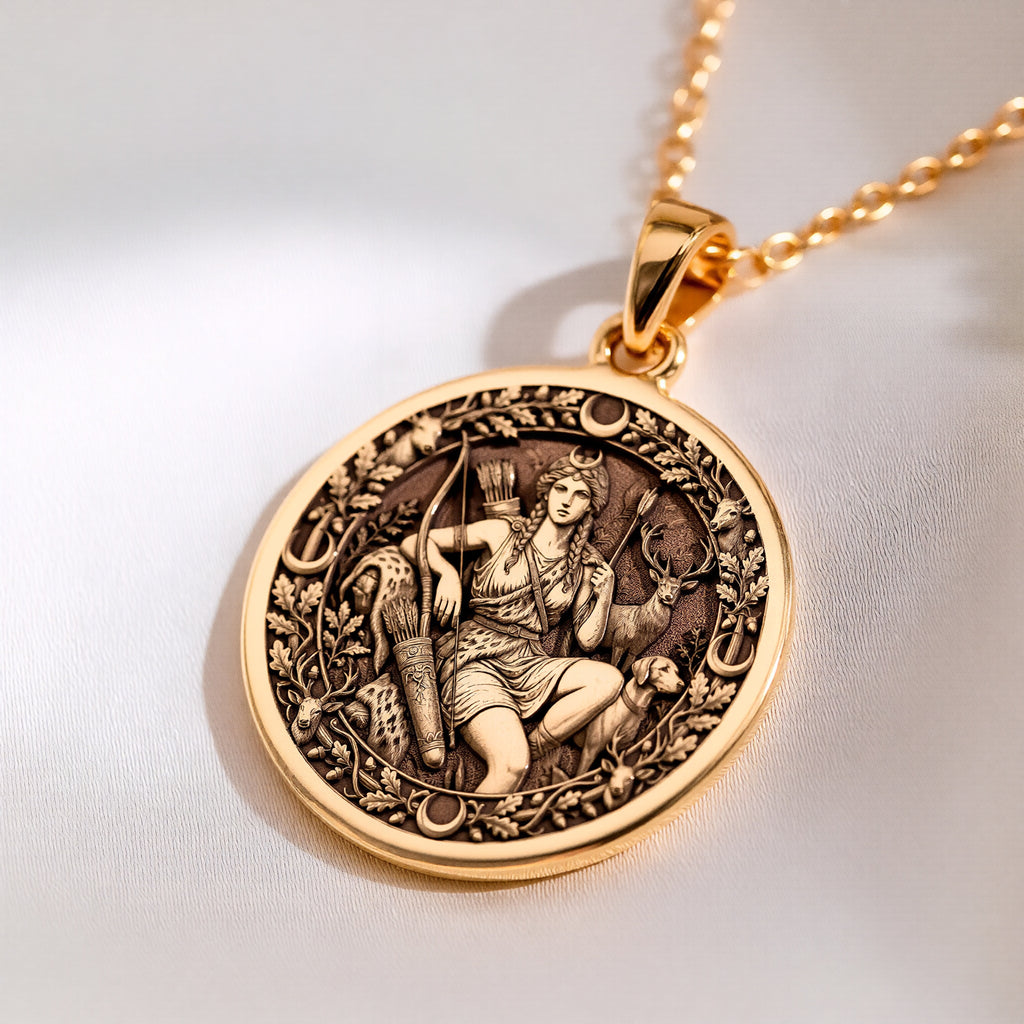 Goddess of the Hunt Artemis Pendant | 14K Solid Gold - Ancient Mythology Protection Talisman