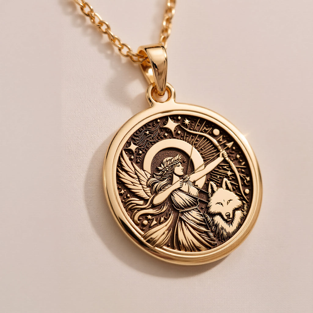 14K solid gold Artemis Goddess of the Hunt Coin Pendant: round  of Artemis Greek goddes...