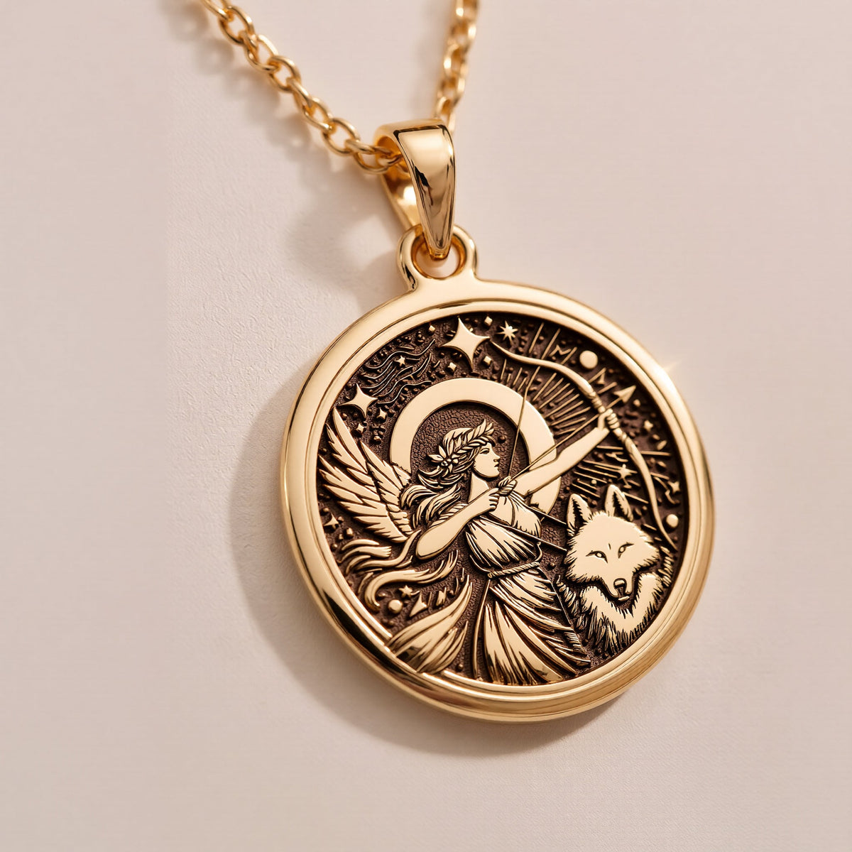 14K solid gold Artemis Goddess of the Hunt Coin Pendant: round  of Artemis Greek goddes...