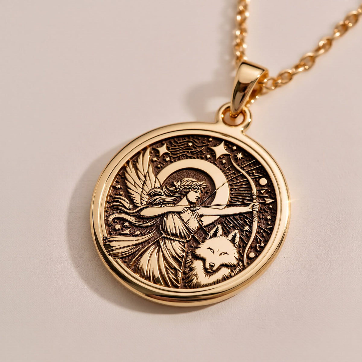 14K solid gold Artemis Goddess of the Hunt Coin Pendant: round  of Artemis Greek goddes...
