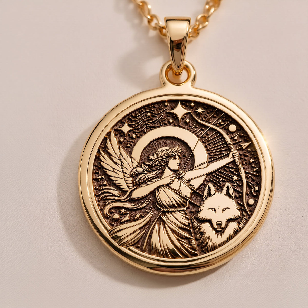 14K solid gold Artemis Goddess of the Hunt Coin Pendant: round  of Artemis Greek goddes...