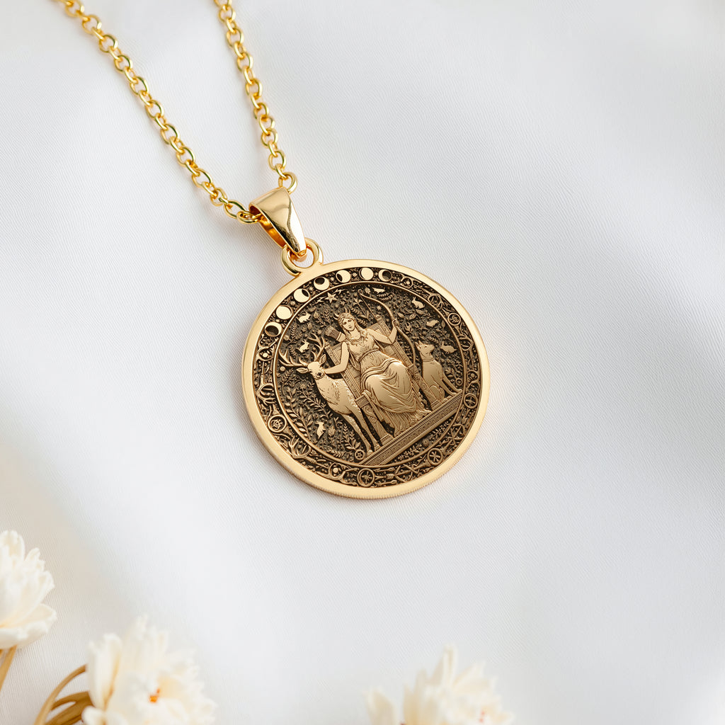 Artemis Goddess of the Hunt Coin Pendant Pendants 14K 14K Gold Plated pendant necklace with engraved classical figure design on a round disc.
