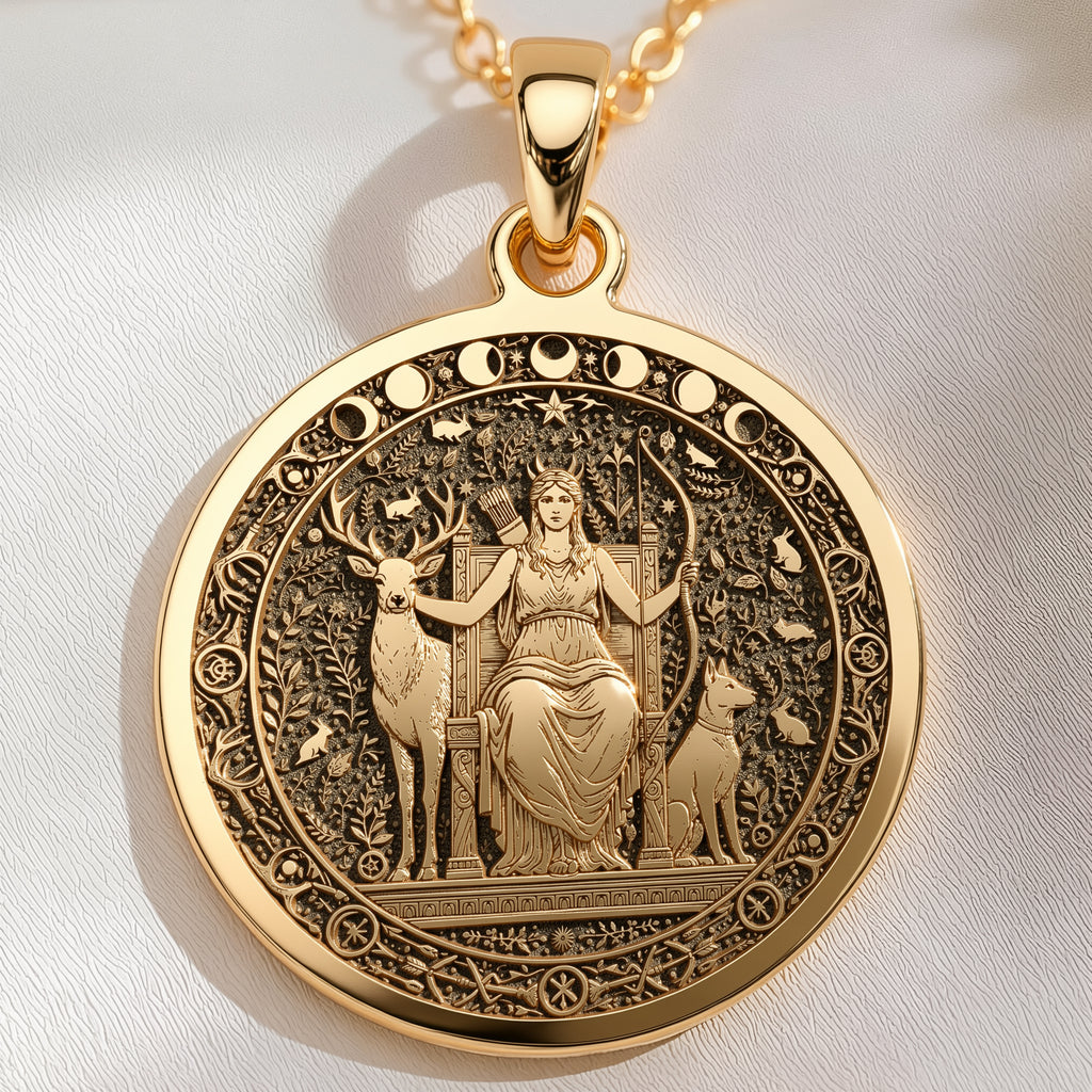 14K solid gold Artemis Goddess of the Hunt Coin Pendant: round  of Artemis Greek goddes...