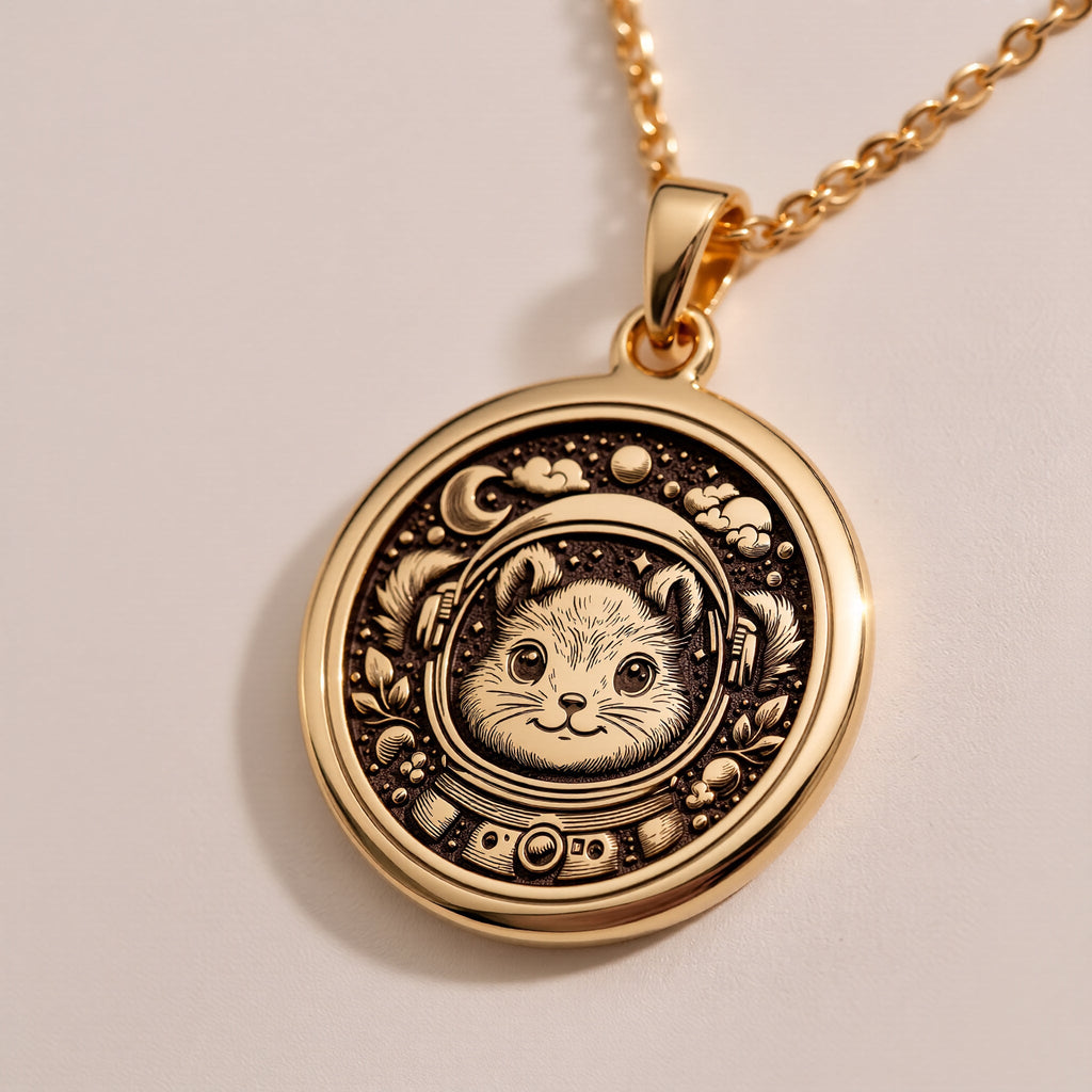 Rose Gold Plated Astronaut Squirrel Necklace with a whimsical celestial design. A stunning accessory for dreamers and animal lovers.