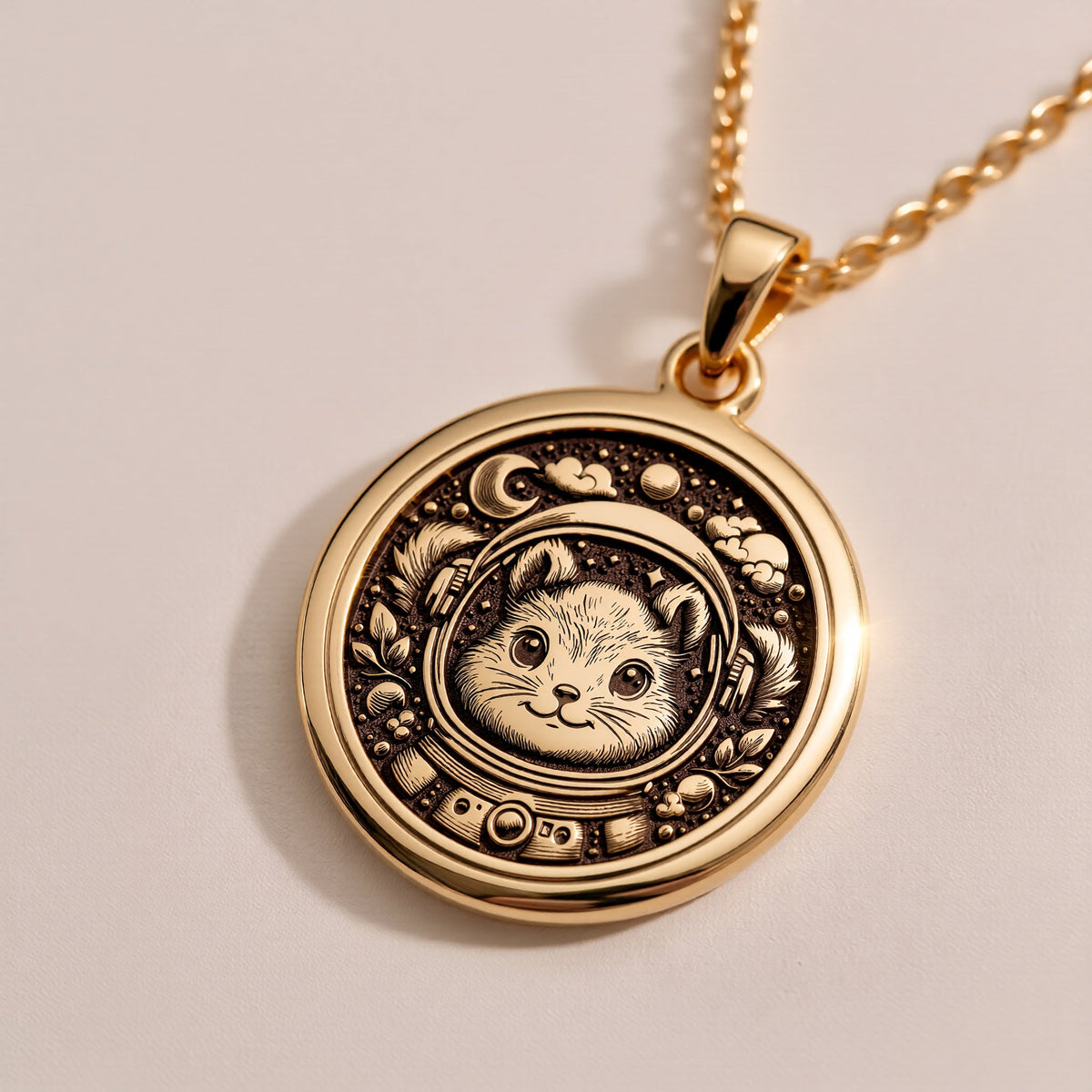 Rose Gold Plated Astronaut Squirrel Necklace with a whimsical celestial design. A stunning accessory for dreamers and animal lovers.