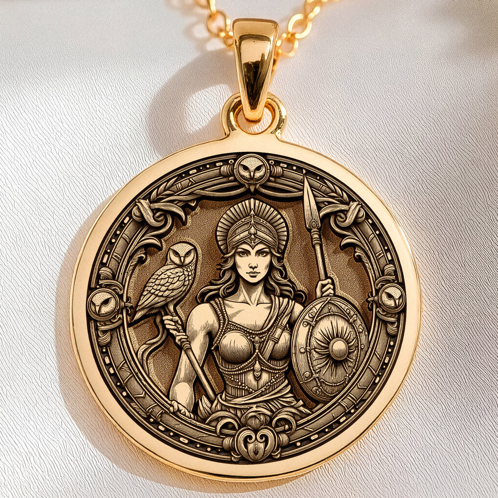 14K solid gold Athena Goddess Pendant: round  of Athena Greek goddess of wisdom with en...