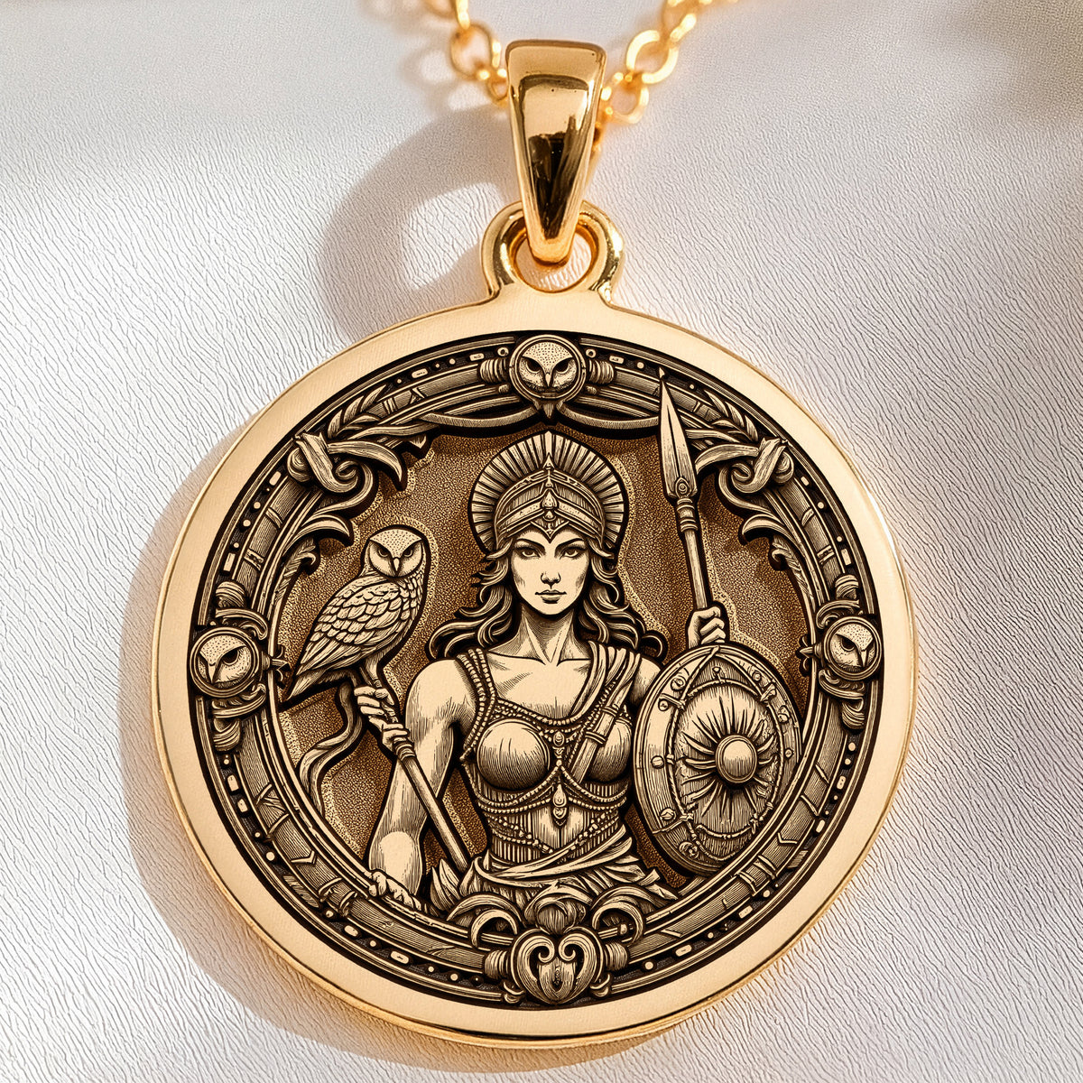14K solid gold Athena Goddess Pendant: round  of Athena Greek goddess of wisdom with en...