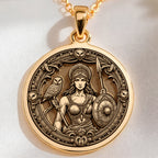 14K solid gold Athena Goddess Pendant: round  of Athena Greek goddess of wisdom with en...