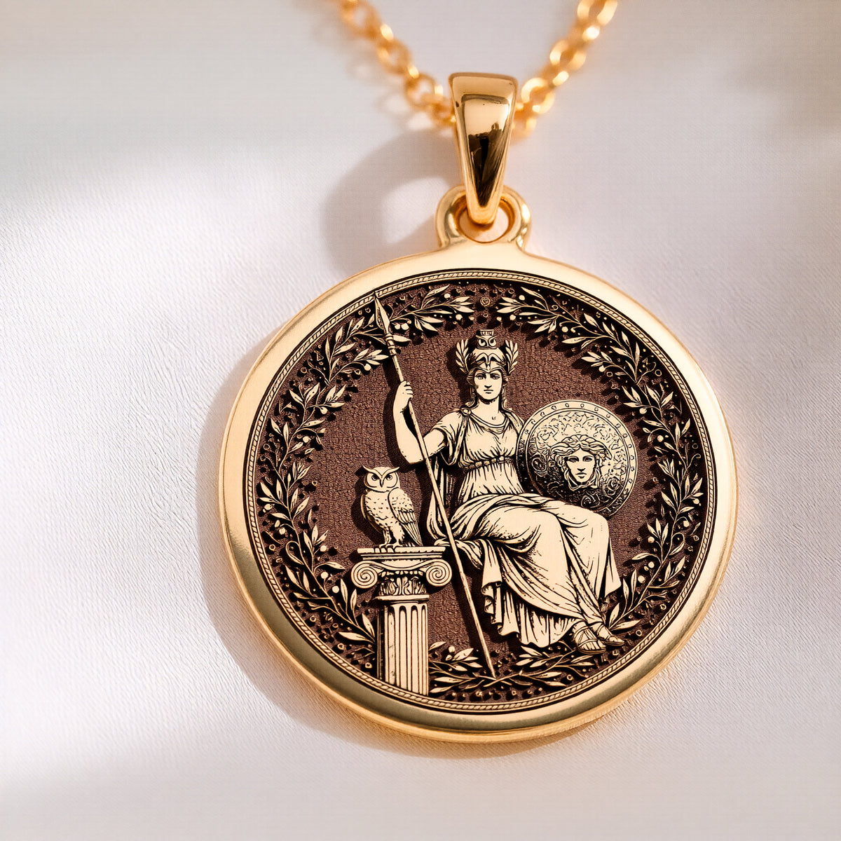 Athena Goddess of Wisdom Pendant in 14K Solid Gold 14mm — close-up — Shop Luminous Luxury Crafts