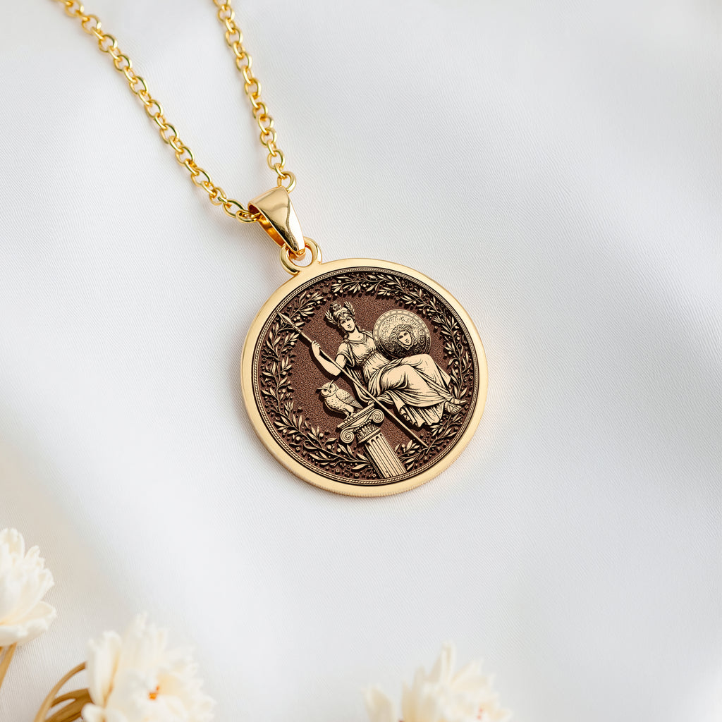 Athena Wisdom Medallion Pendant Pendants 14K 14K Gold Plated pendant necklace featuring a classical figure design on a round disc.