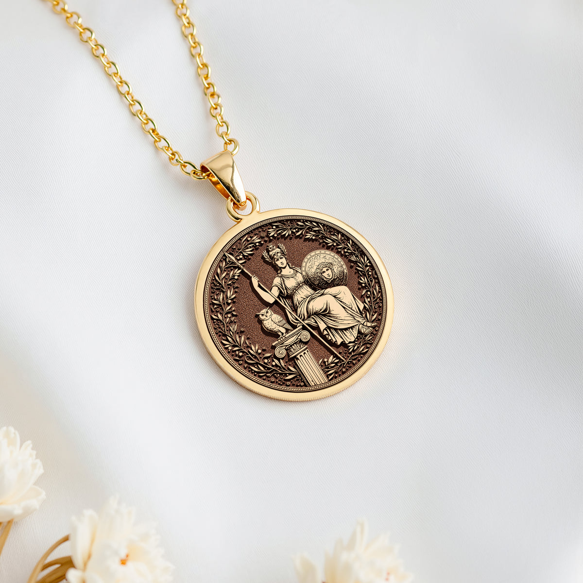 Athena Wisdom Medallion Pendant Pendants 14K 14K Gold Plated pendant necklace featuring a classical figure design on a round disc.